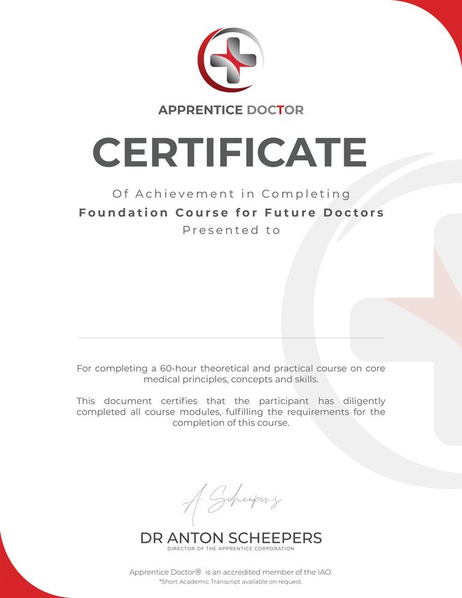 The Apprentice Doctor® certificate — surgeon-signed, accredited member of the IAO