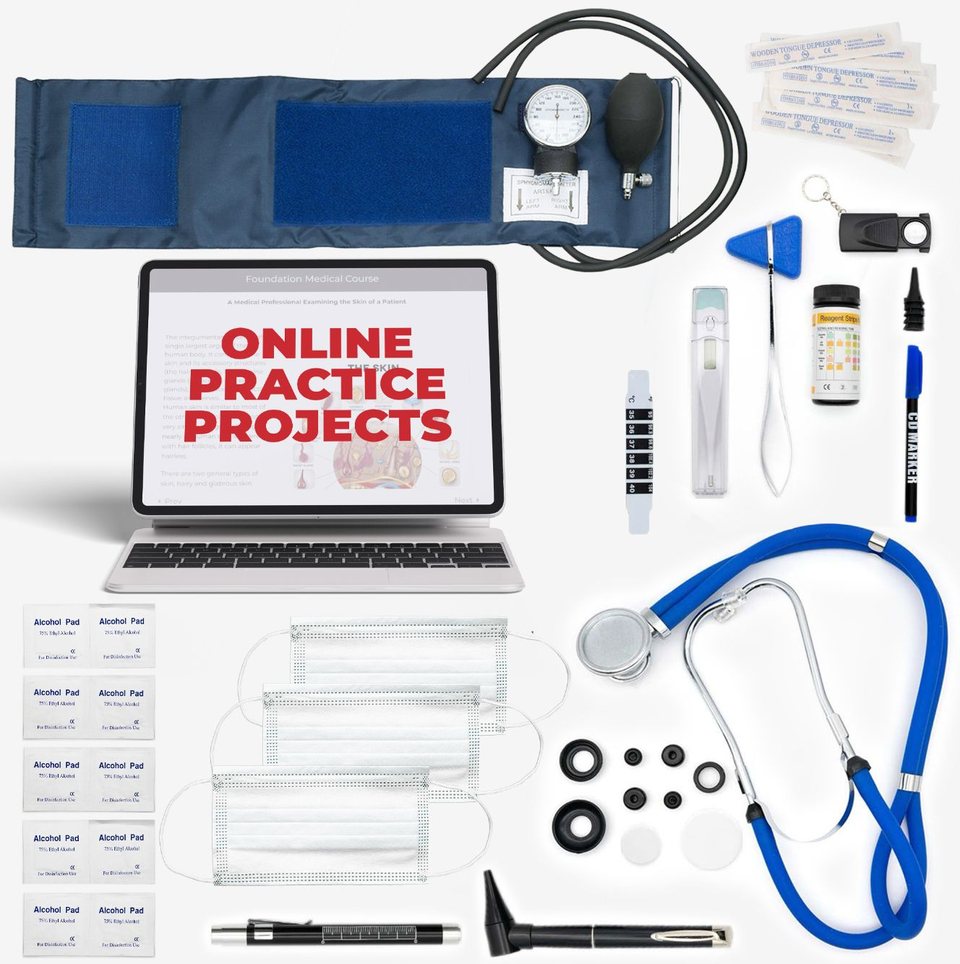 The complete kit contents — stethoscope, blood-pressure cuff, otoscope, reflex hammer, diagnostic tools and the online course
