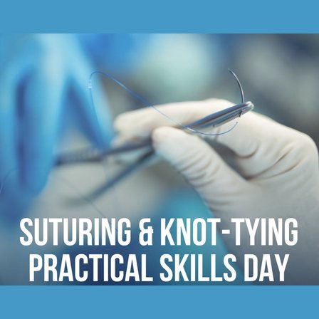 Suturing and knot-tying practical skills — gloved hands with needle holder and suture